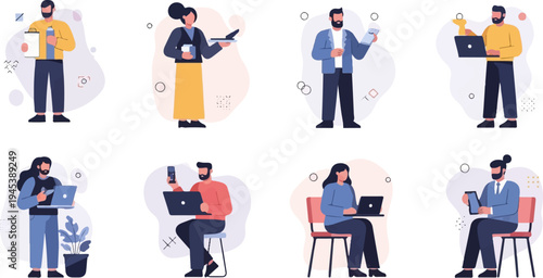 Diverse individuals engaged in digital activities, working and communicating on devices