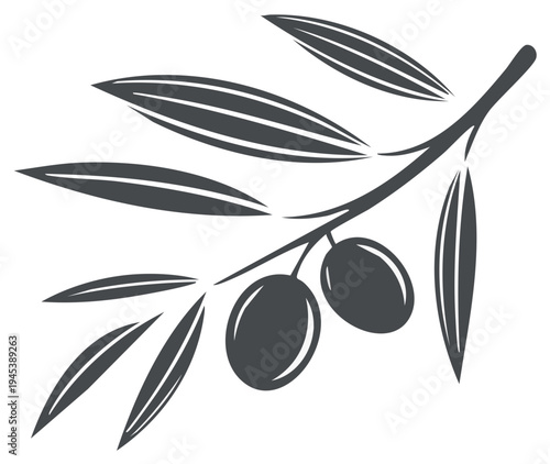 Stylized olive branch with olives illustration icon, flat design, vector