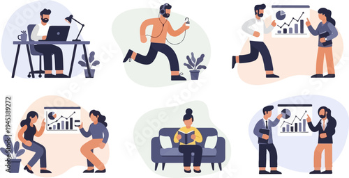 Diverse individuals engage in work, fitness, and leisure activities