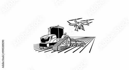 A tracked tractor with farming equipment and a drone survey a field