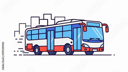 Stylized bus travels past abstract city buildings with speed lines