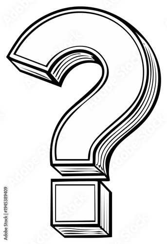 Black and white illustration of a 3D question mark symbol.