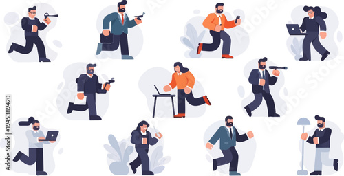 Stylized cartoon professionals rushing with business items