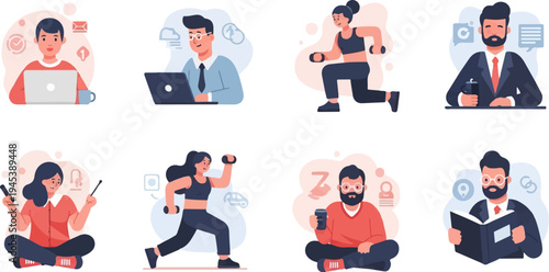 Digital illustrations of people working, exercising, and relaxing