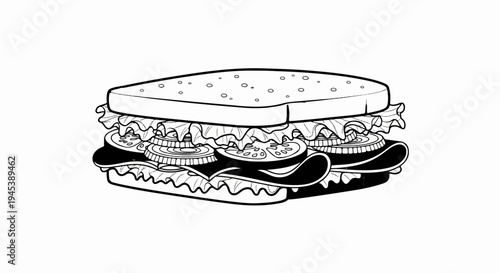Detailed illustration of a layered sandwich with bread, lettuce, tomato, and onion slices
