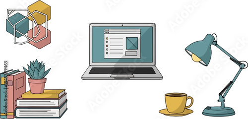 Isometric cubes, books with plant, laptop, coffee cup, desk lamp