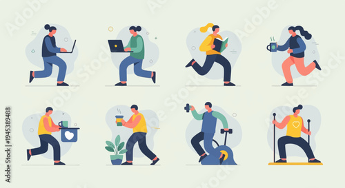 Stylized illustrations of people engaged in various activities