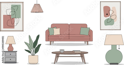 Cozy living room scene with modern art and soft furnishings