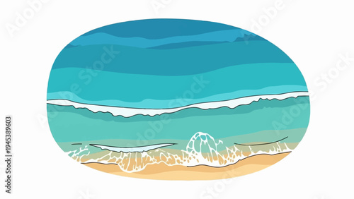 Stylized view of ocean waves crashing on a sandy beach, rendered in a flat art style