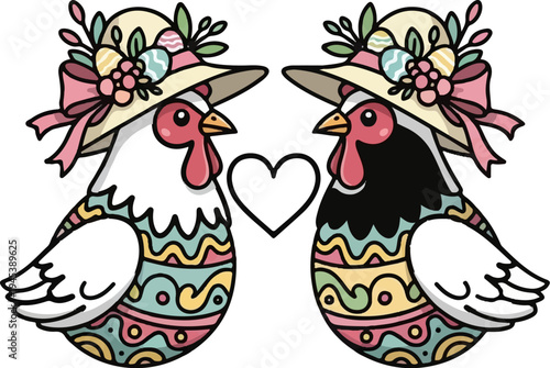 Two anthropomorphic chickens in festive hats and patterned attire with a heart