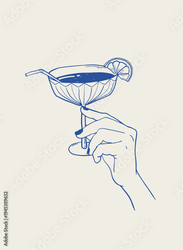 Retro poster of a hand holding cocktail in a glass. Good for prints, banners, cards, wallpapers, signs, interior wall art decor. EPS 10