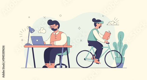 Two people enjoying different activities one at a desk, the other cycling