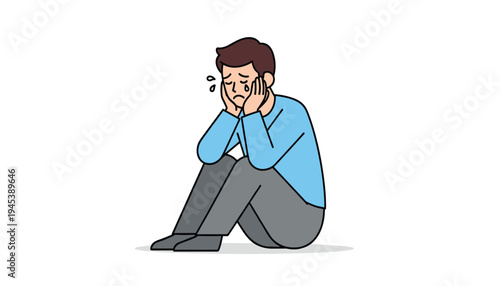 Sad Depressed Man Sitting Alone Cartoon Illustration, Stressed Male Character Feeling Anxiety, Mental Health Concept