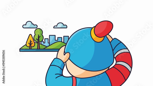 Cartoon character looks at a cityscape with trees and clouds