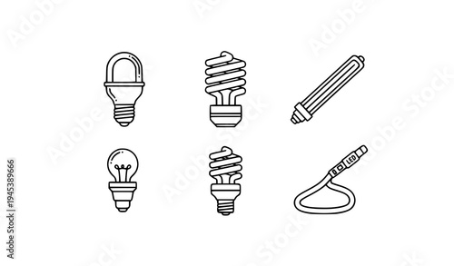 Home lighting outline icons LED fluorescent halogen bulbs vector