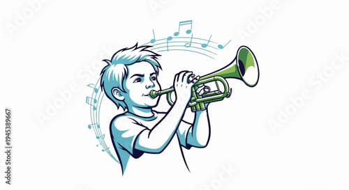 Cartoon boy blowing a green trumpet with musical notes