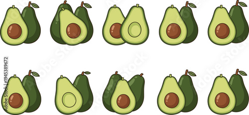 Avocado fruit whole and cut halves with seed in hand drawn style, fresh organic healthy food illustration set for vegan diet, cooking, and grocery design