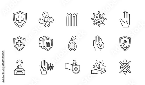 Medical immunity defense antibacterial line icon collection vector