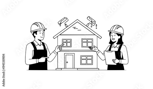 Construction workers guiding roof painting house renovation vector illustration