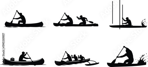 Canoeing and kayaking silhouettes paddling single, tandem, slalom, outrigger styles, diverse water sport vector design illustration