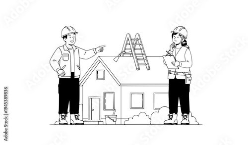 Roof maintenance team male and female workers painting house roof vector