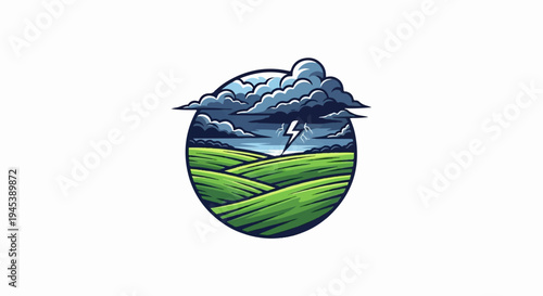 Stormy sky over rolling green fields with lightning striking water