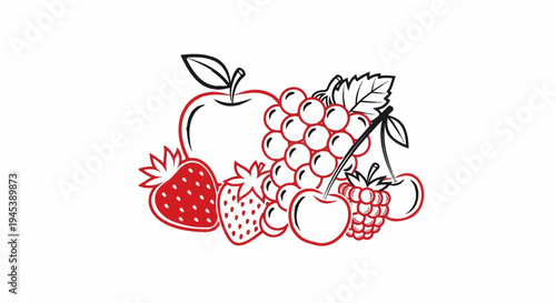 Stylized arrangement of red and black outlines of fruits apple, grapes, strawberries, cherries, and raspberries