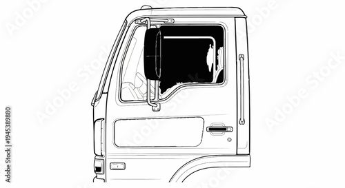Stylized black and white line drawing of a truck cab side