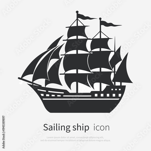 Sailing Ship Isolated Icon Silhouette Side View. Nautical Vessel Vector Illustration Black and White