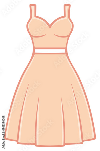 Elegant peach dress illustration, sleeveless design with a fitted bodice and flared skirt.