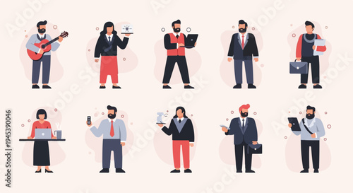 Diverse individuals in professional and casual attire, showcasing various activities