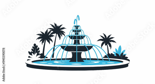 Stylized tropical fountain with palm trees and lush foliage in blue and dark blue