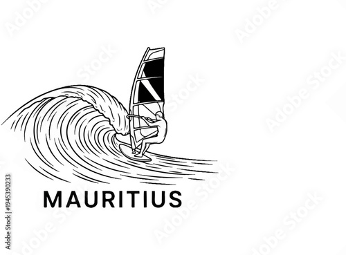 Windsurfer riding a large wave, text "MAURITIUS" below
