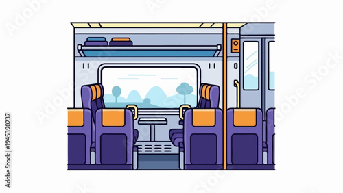 Interior view of a public transport carriage with seats and window