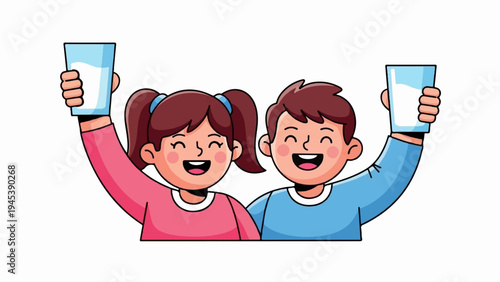 Joyful children celebrating with glasses of milk