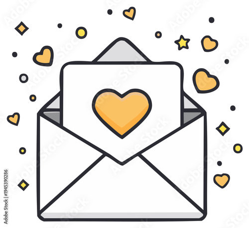 Open Envelope with Heart Illustration Surrounded by Floating Hearts and Stars