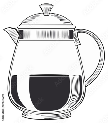 Classic glass coffee pot with dark liquid and a lid detailed line art illustration