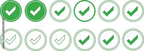 Green checkmark circle icons in solid and outline styles for approval, verification, completed tasks, success indicators, validation symbols, and modern user interface design