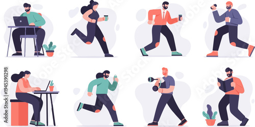 Diverse people engaged in various activities work, exercise, and leisure