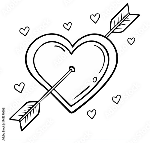 Black and white illustration of a heart pierced by an arrow surrounded by small hearts