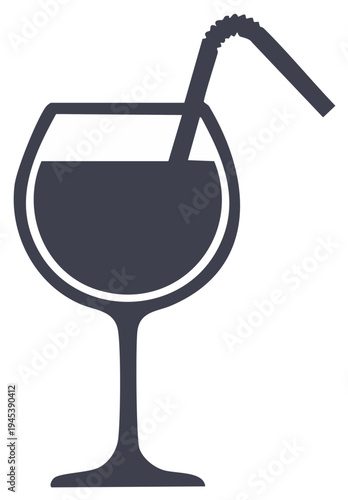 Dark silhouette icon of a refreshing beverage in a stemmed glass with a flexible drinking straw illustration