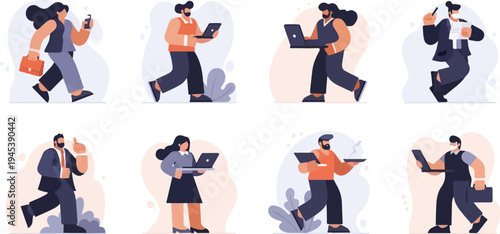 Diverse professionals engaged in daily tasks, some with technology, others with service items