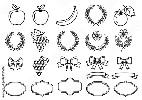 Set of 25 Outline Fruit, Laurel Wreath, Bow, and Label Vector Icons for Organic Food, Awards, and Gift Designs