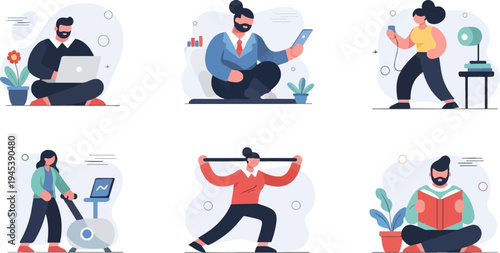 Six individuals engage in various activities, illustrating a balanced lifestyle of work and wellness