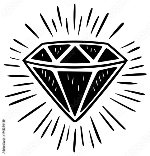 Hand drawn sparkling diamond illustration with radiating lines and geometric facets