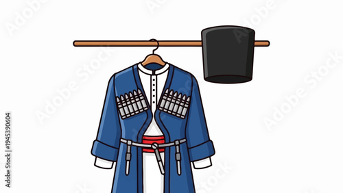 Traditional blue outer garment with ornate chest details and black hat