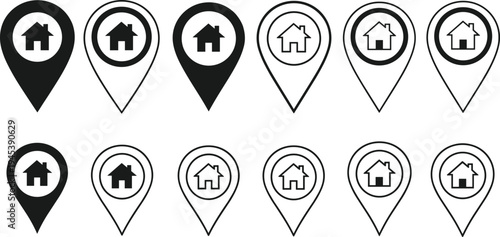Home location pin icons with house symbols in solid and outline styles for real estate maps, property navigation, housing apps, and location services