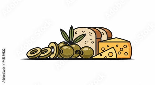Sliced olives, whole olives with leaves, and a wedge of cheese