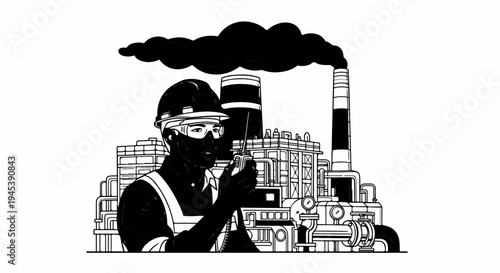 Worker in hard hat communicates via radio at industrial plant with smokestacks