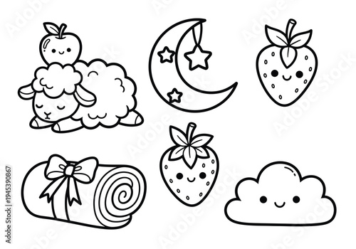 Cute Kawaii Black and White Outline Vector Icon Set with Sleeping Sheep, Apple, Moon, Stars, Strawberries, Blanket, and Cloud for Children's Designs